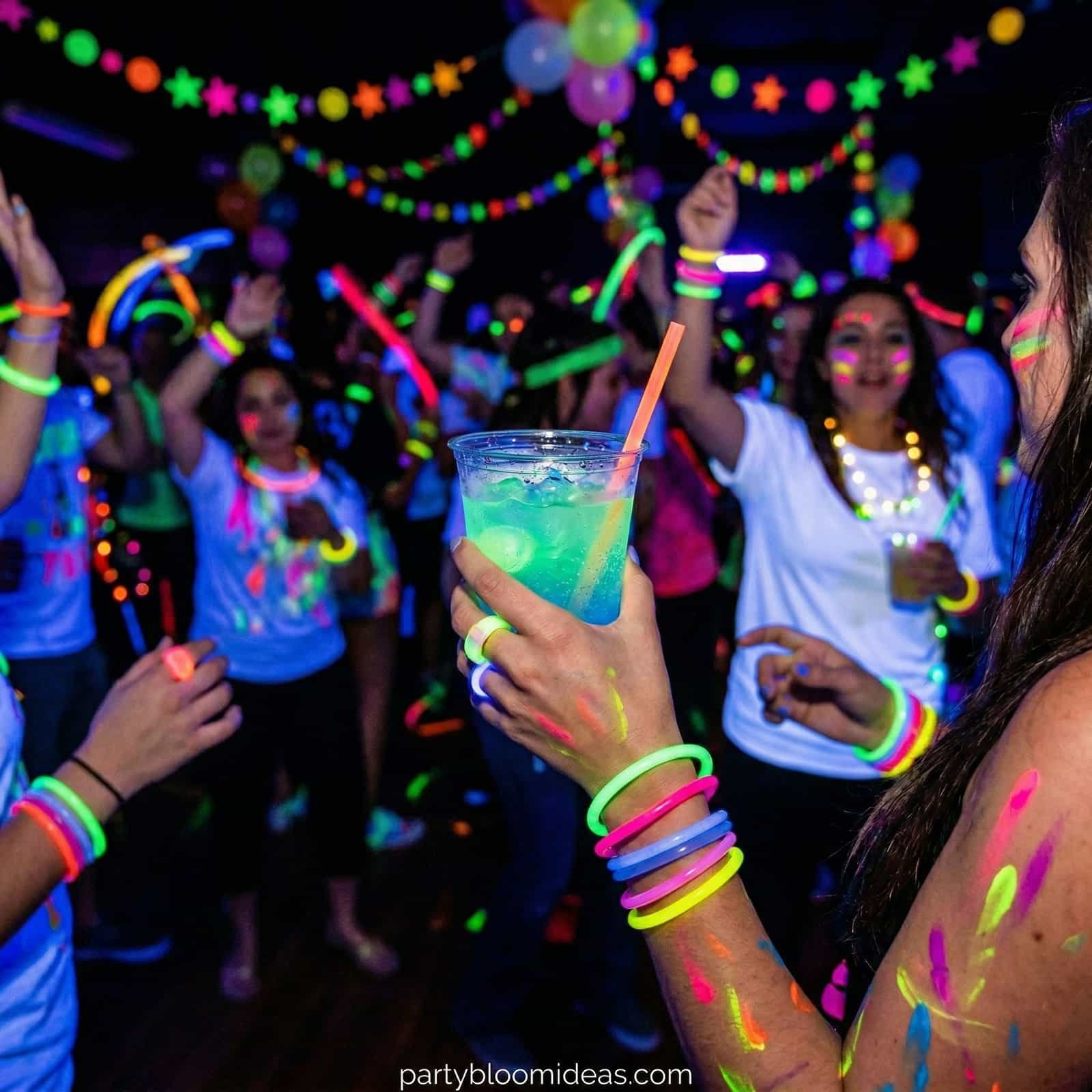 Bright kids enjoying a glow-in-the-dark birthday party with neon accessories and vibrant decorations.