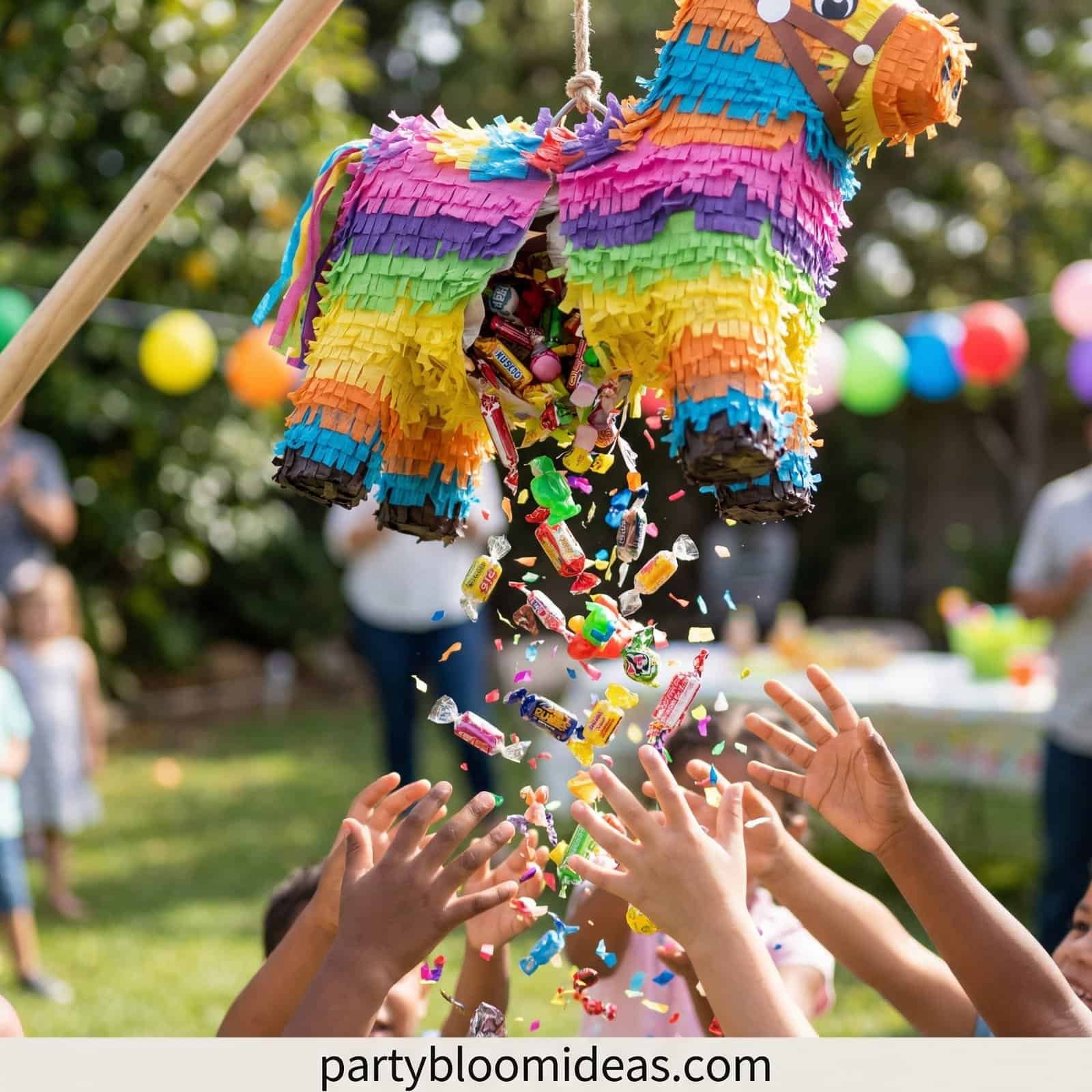 Bright piñata shaped like a llama with candy spilling out at a 4-year-old birthday celebration.