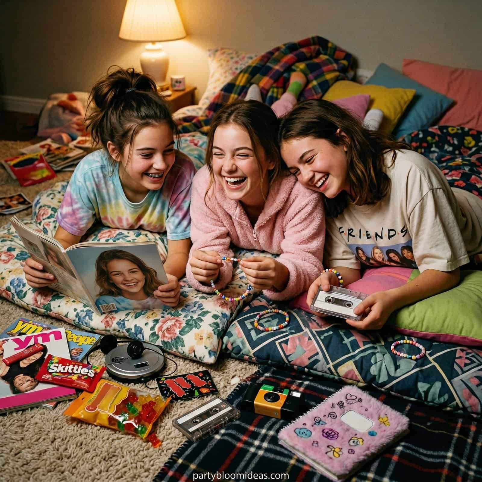 Girls enjoying a fun birthday party at home with snacks and photos.