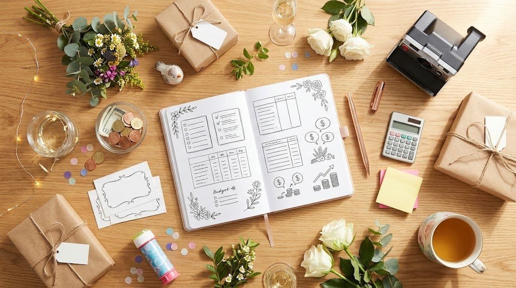 Decorative planner with floral sketches, gift boxes, and planning tools for a budget-friendly bridal.