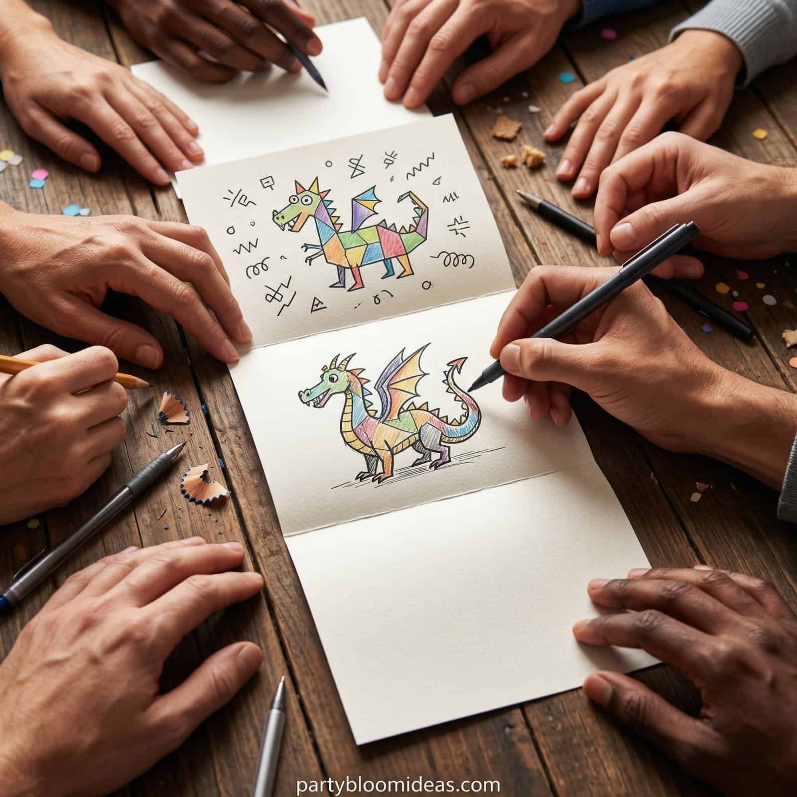 Kids drawing colorful dragon illustrations for birthday games and activities.