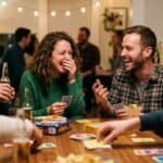 Group of adults enjoying fun party games and laughing together at a social gathering.