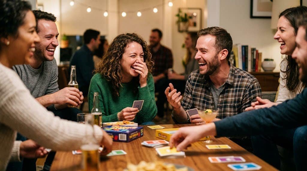 Group of adults enjoying fun party games and laughing together at a social gathering.
