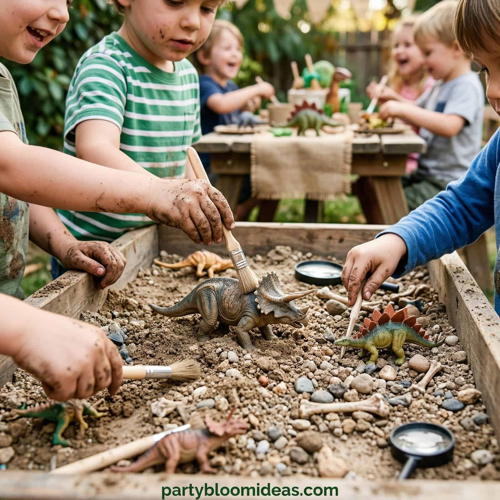 Kids playing with dinosaur toys in sandbox at birthday party.