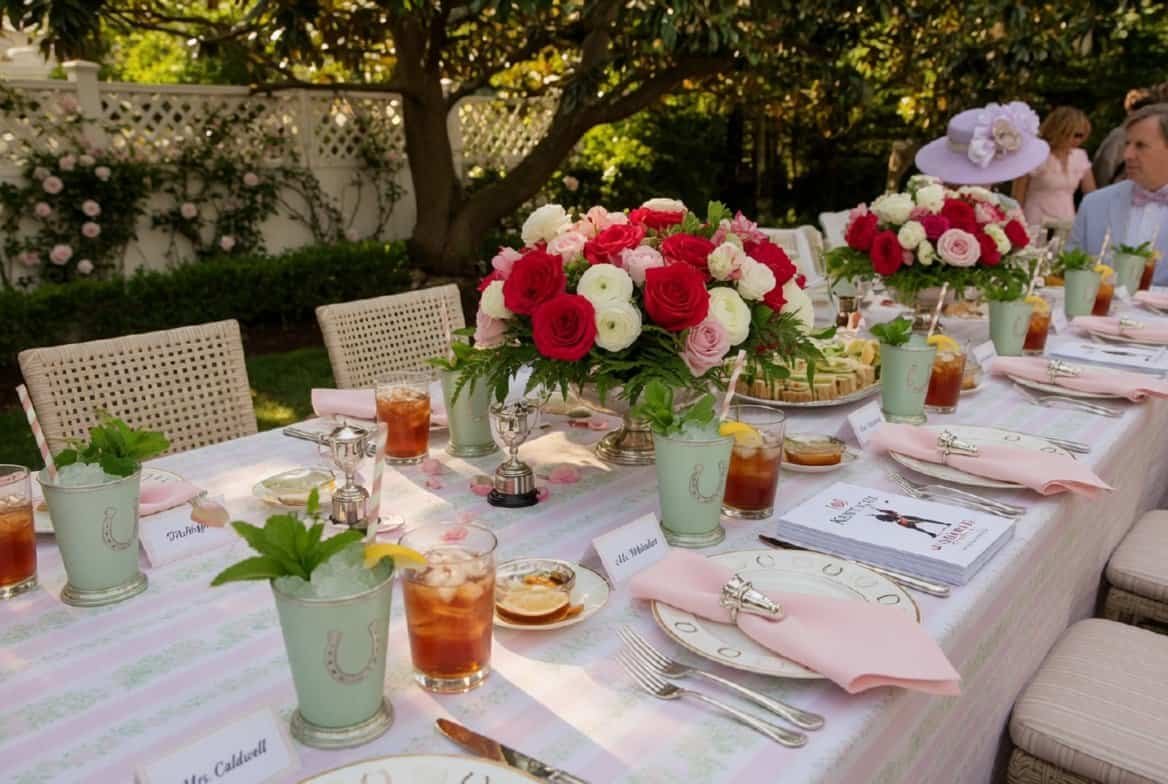 Elegant Derby-themed table setting with floral arrangements and vintage tableware.