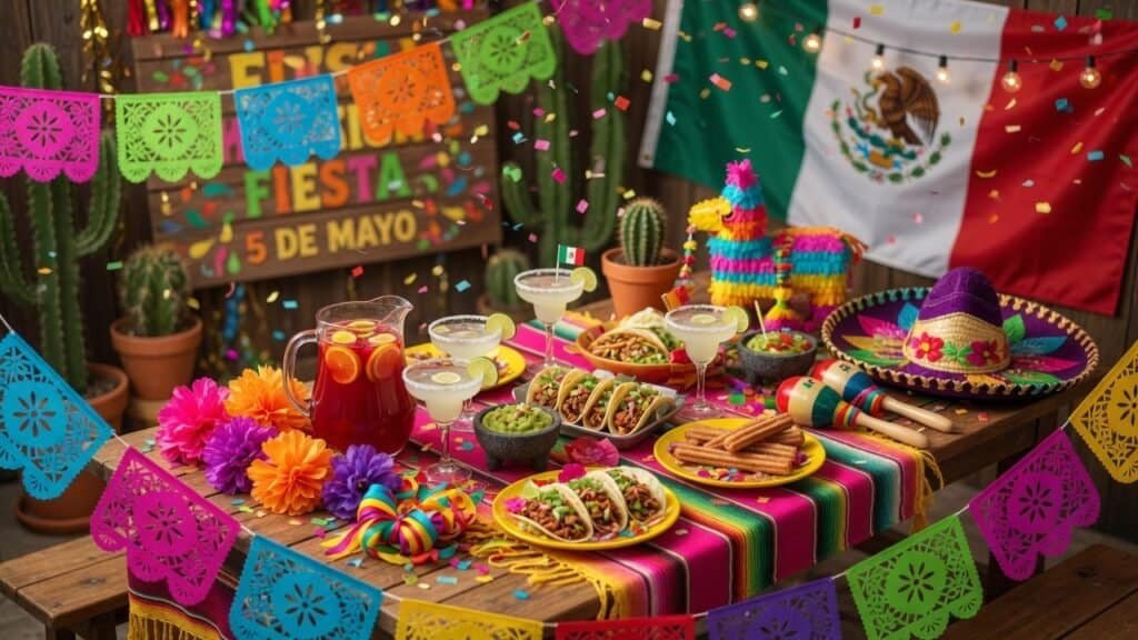 Colorful Cinco de Mayo celebration with traditional decorations and delicious food.