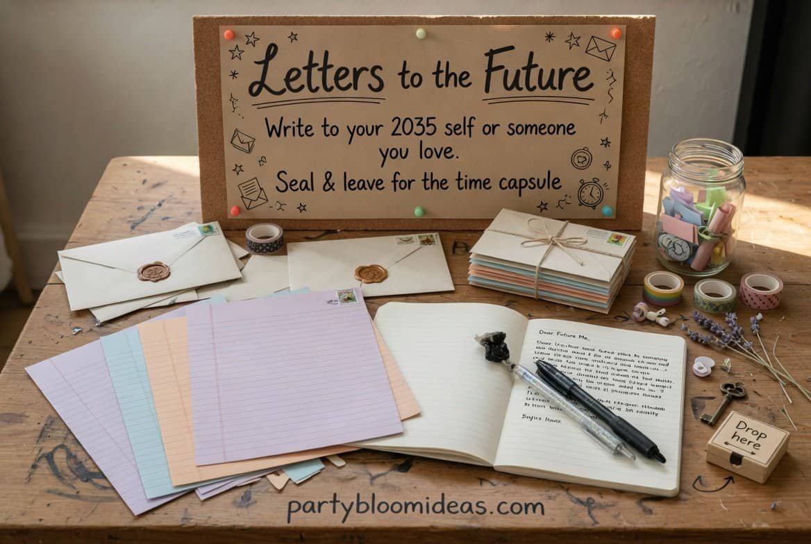 Graduation-themed letter writing station with envelopes, pens, and decorative supplies.