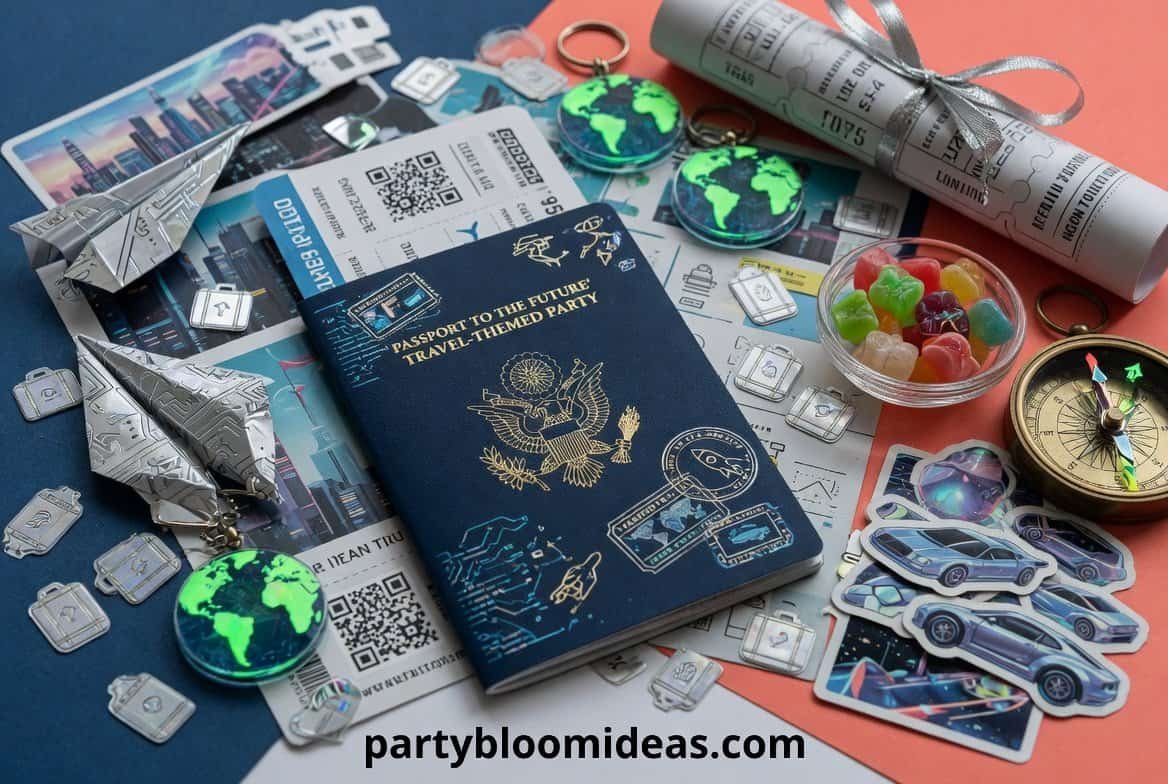 Travel passport, miniature globes, and travel accessories for graduation party decor.