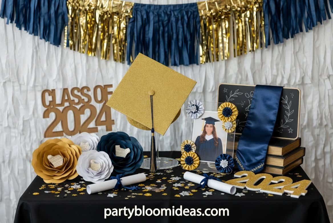 Elegant graduation party decoration with cap, flowers, and photo display.