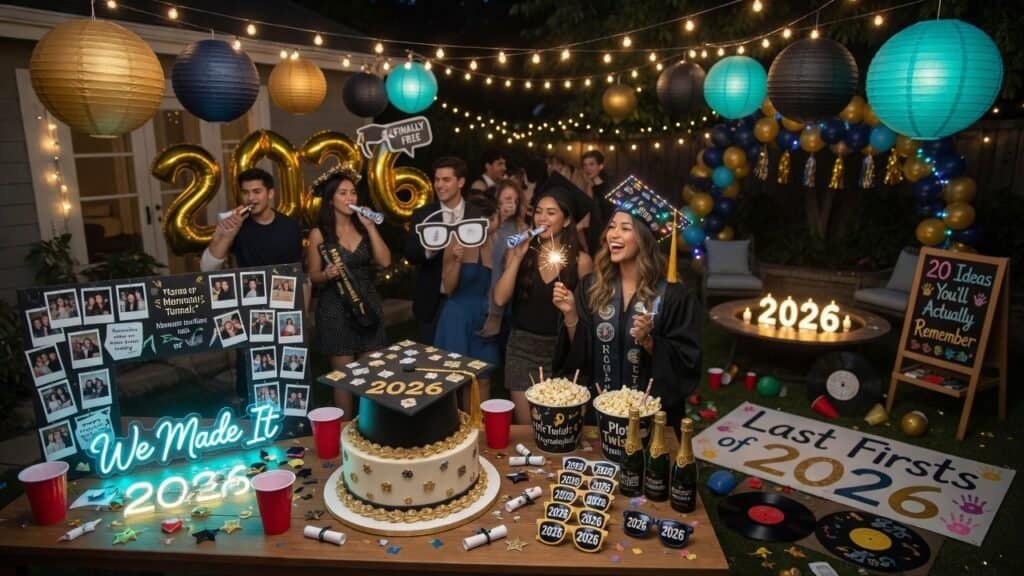 Colorful graduation party decorations with balloons and lights.