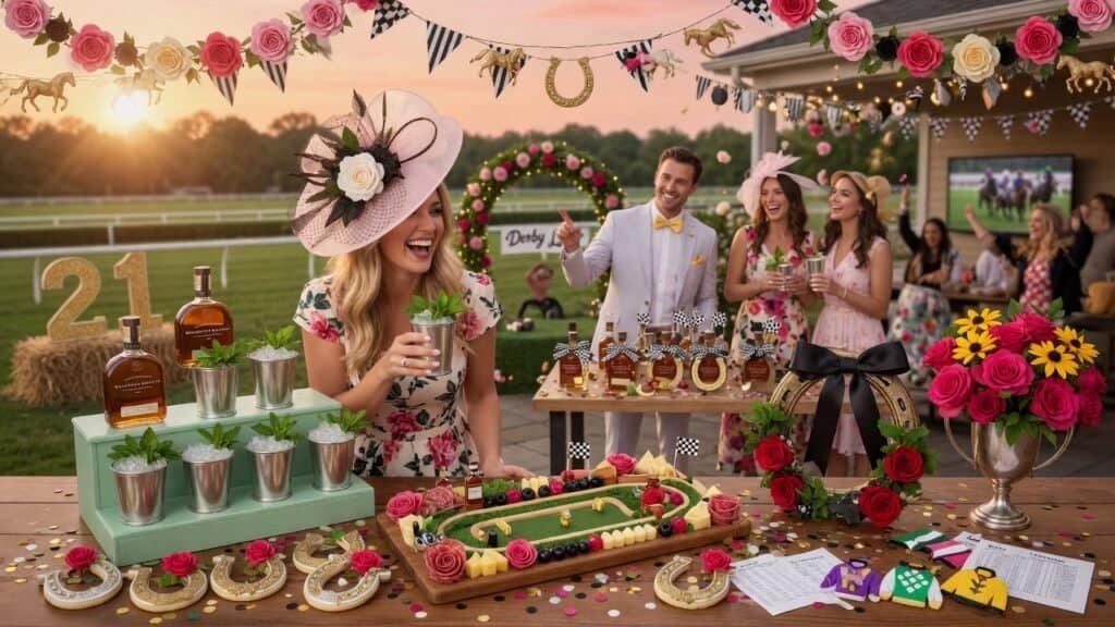 Guests enjoying a festive Kentucky Derby-themed party outdoors with colorful decorations.