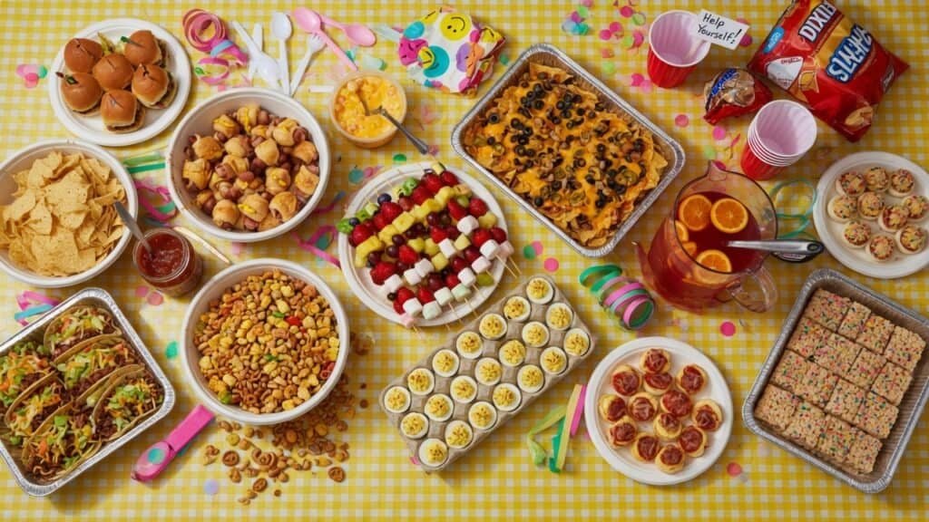 Colorful party food assortment with snacks, desserts, and drinks for a fun celebration.