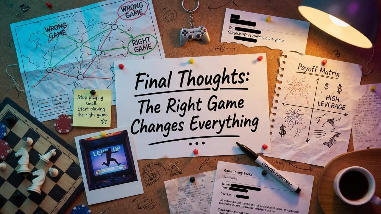 Creative party game planning with notes and game theory sheets.