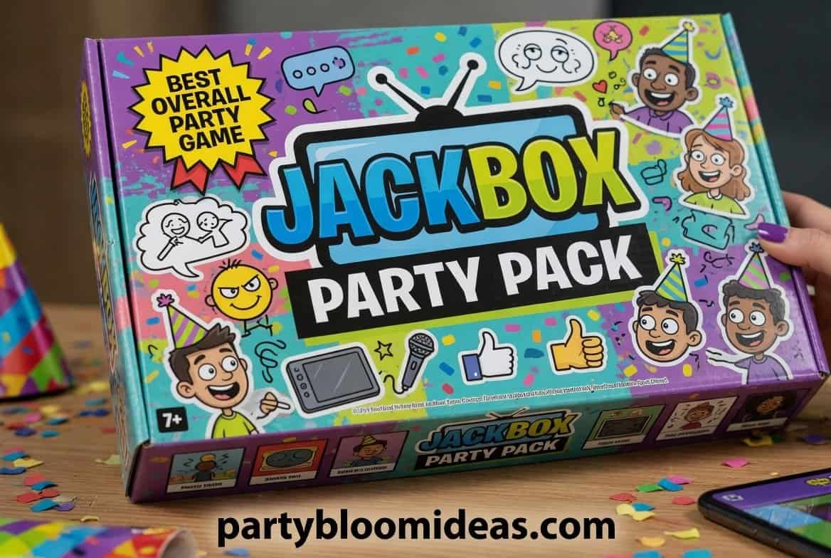 Fun party game box featuring Jackbox Party Pack for adult gatherings. Perfect for laughter and enter.