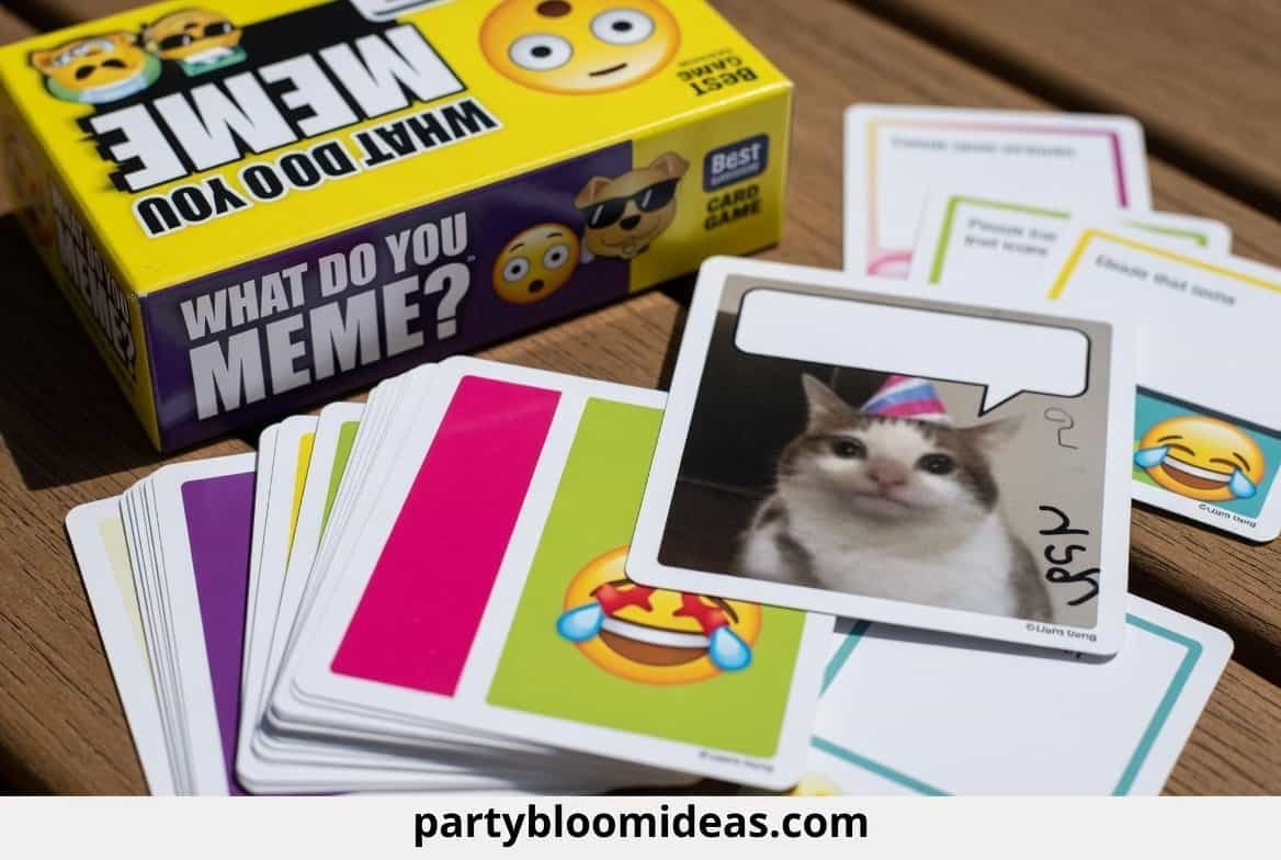 Meme-themed party game with humorous cards and emojis for adult laughter.