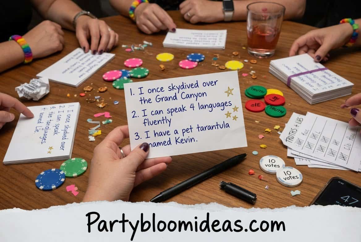 Fun party game with colorful chips, handwritten notes, and voting cards for adults.