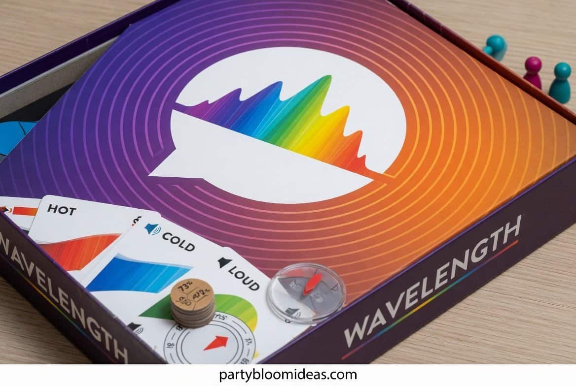 Fun wavelength party game with colorful spectrum and measurement tools for adult party entertainment.