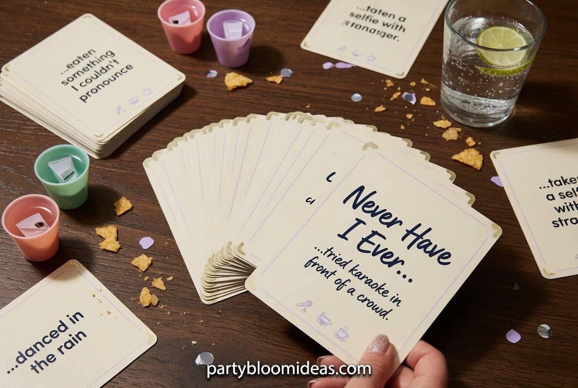 Fun adult party game with cards, candles, and drinks for lively gatherings.