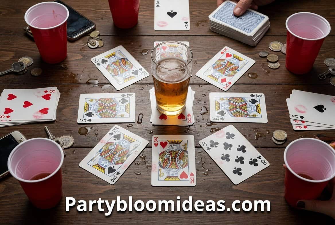 Card game night with drinks and poker chips on a wooden table.