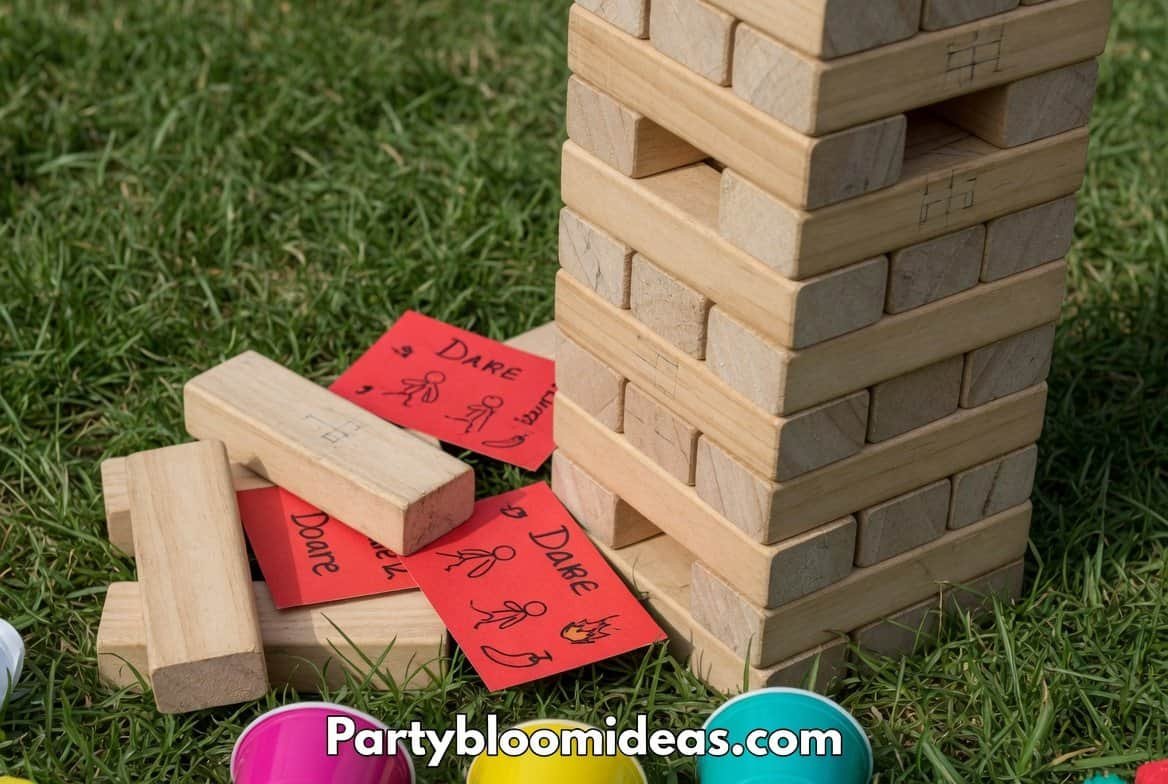 Jenga game set with red cards for party fun and laughter.