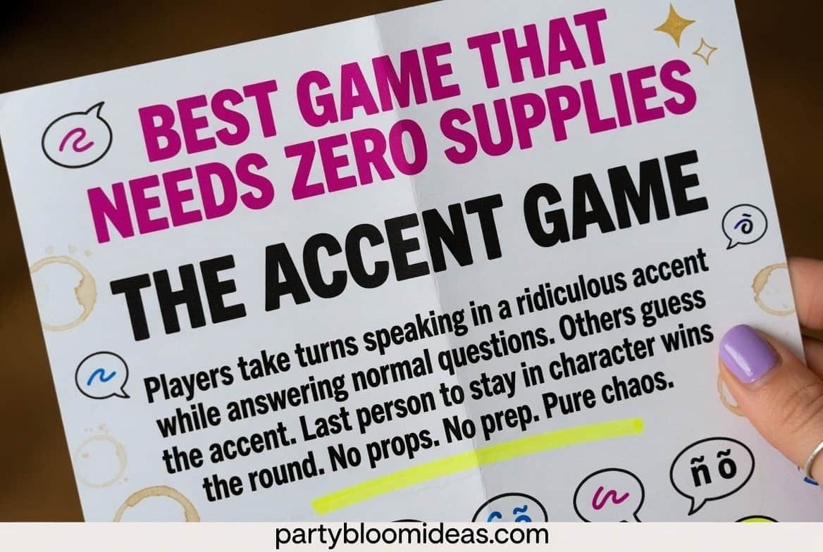 Fun party game for adults that involves accents and laughter, perfect for lively gatherings.