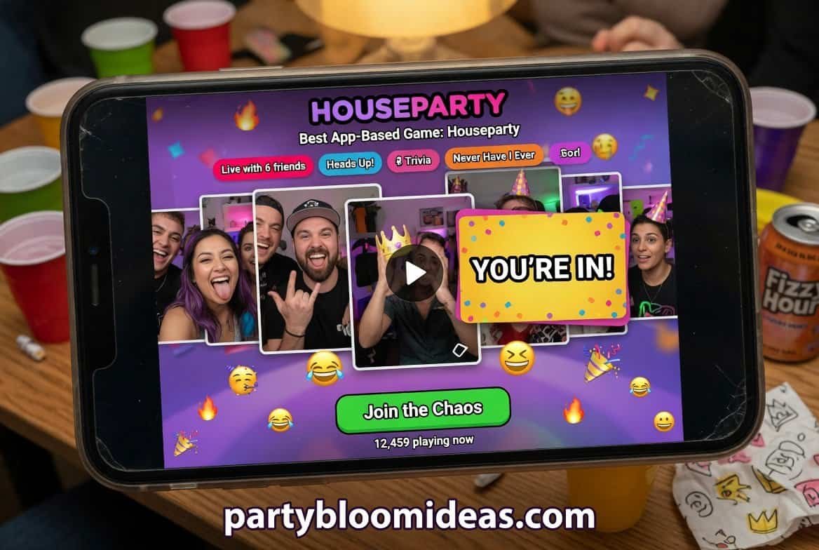 Group of adults playing a fun houseparty game on a tablet with colorful graphics.