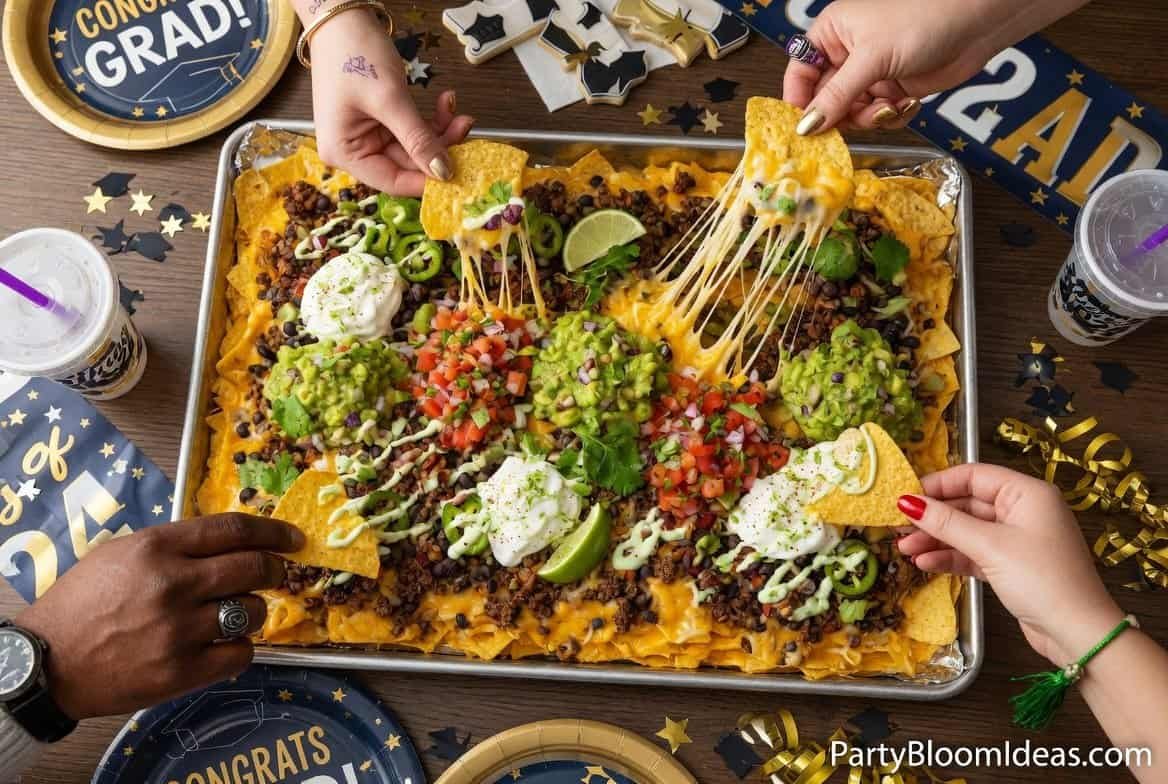 Graduation party food platter with nachos, guacamole, and toppings for large celebrations.