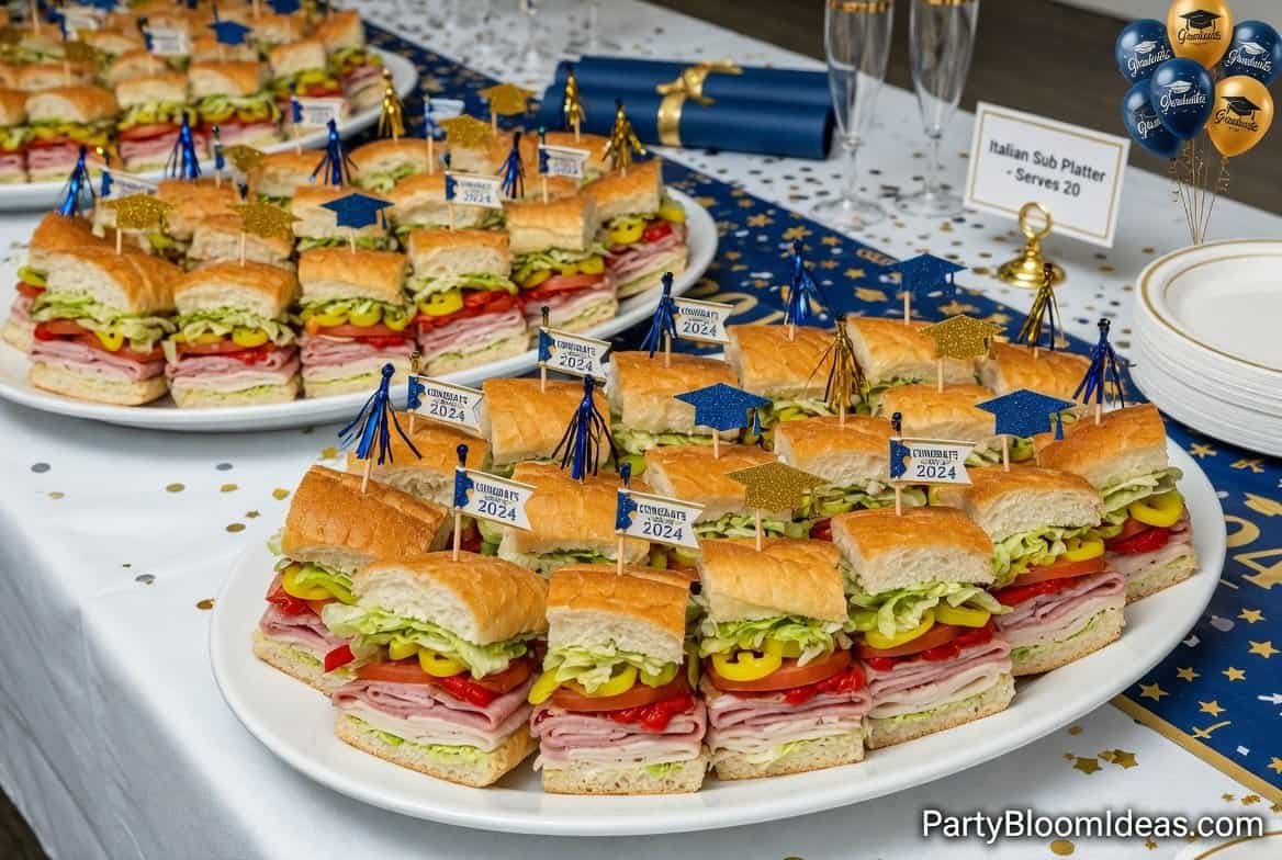 Delicious mini sandwiches for graduation party catering and crowd feeding.