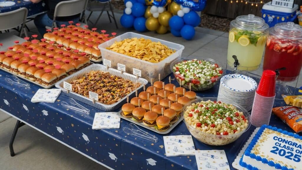 Delicious graduation party food spread with sliders, chips, and salads for large gatherings.