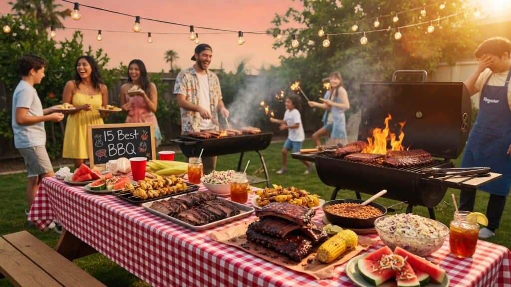 Outdoor BBQ grill with delicious meats and sides for a summer cookout.
