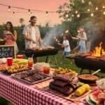 Outdoor BBQ grill with delicious meats and sides for a summer cookout.