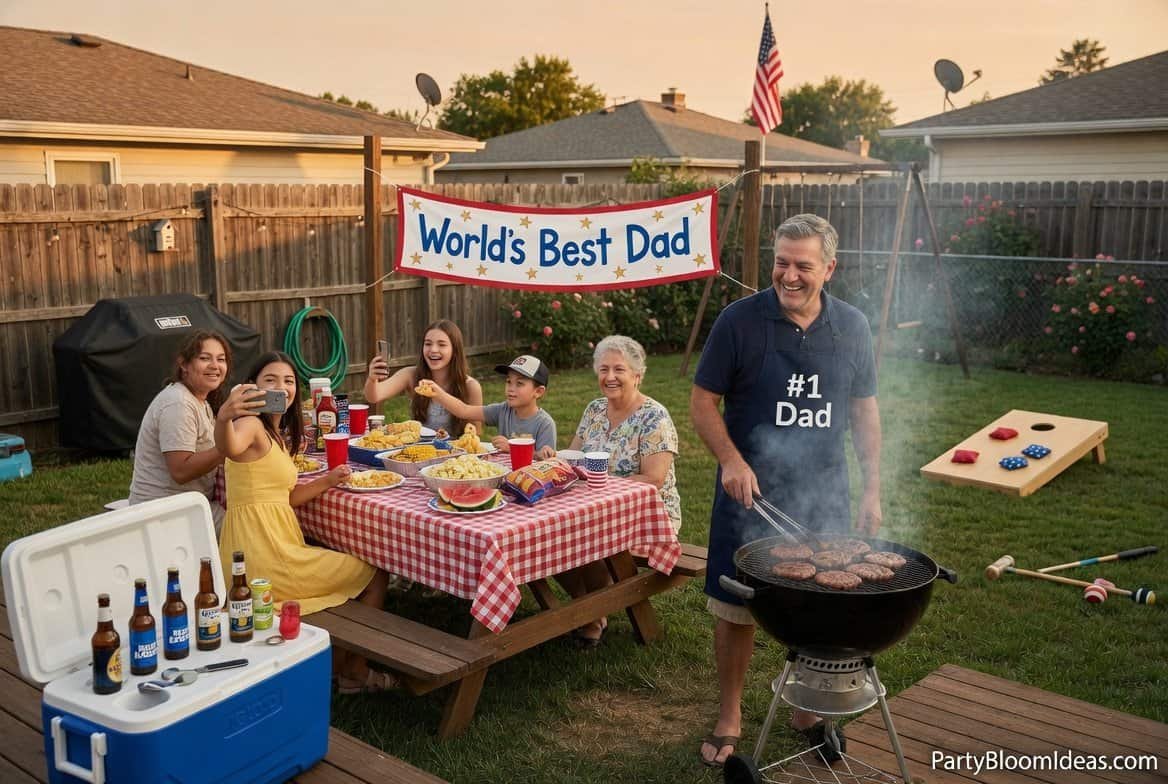 Father’s Day backyard BBQ party with family celebrating dad, grill setup and decorations