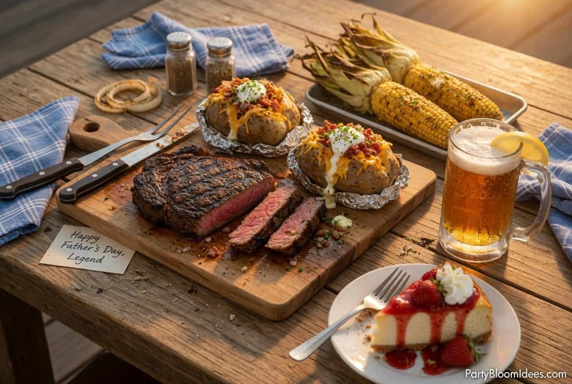 Father’s Day BBQ food spread with steak, burgers, corn on the cob, and cold drinks