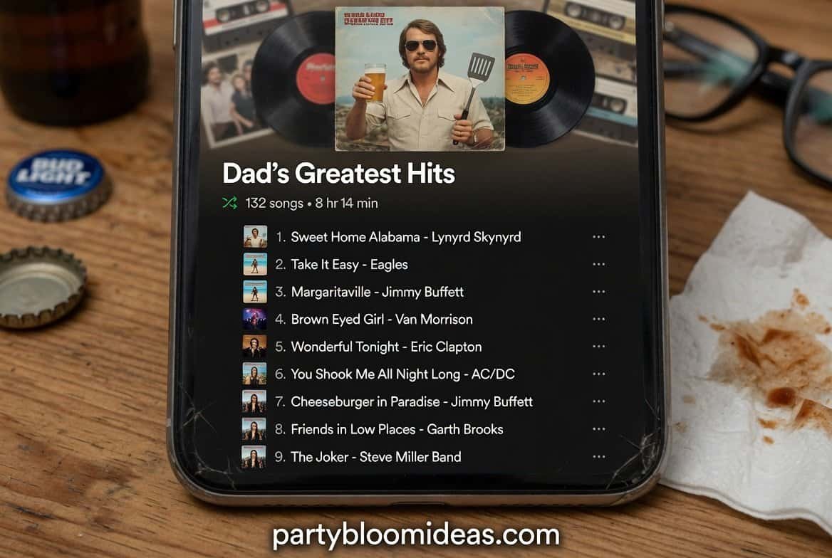 Outdoor party setup with speakers playing classic dad favorite songs during Father’s Day