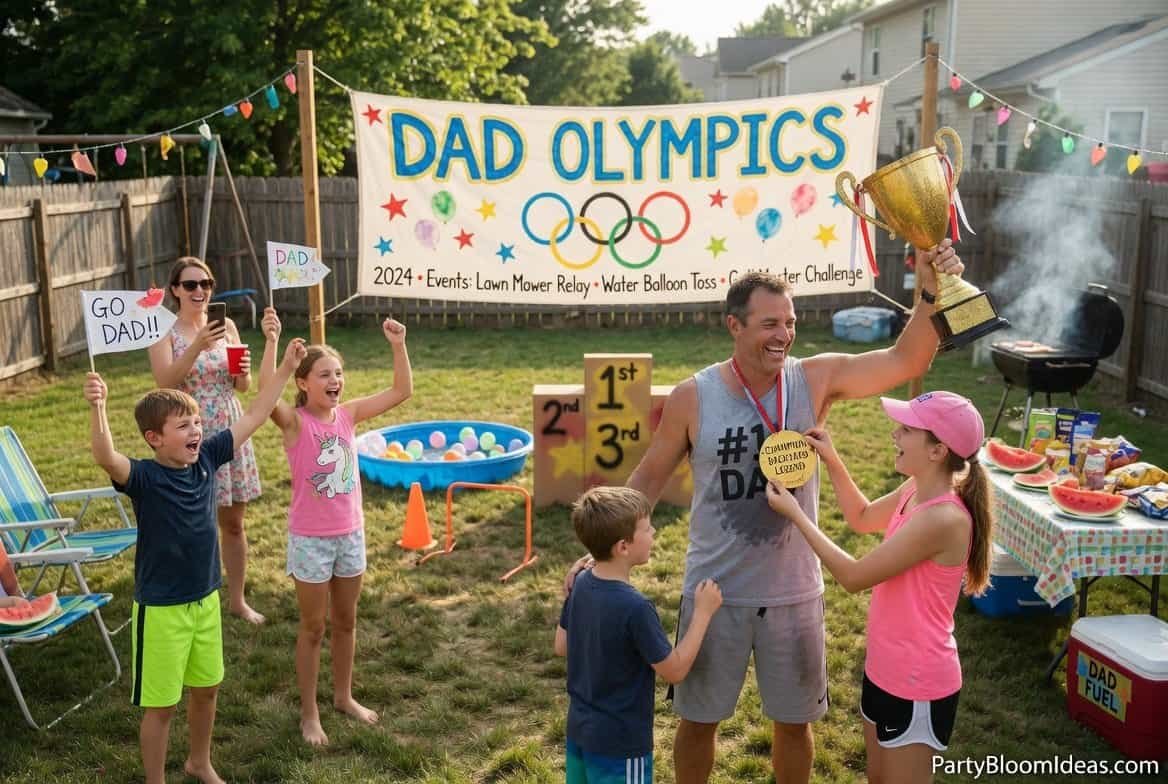 Family playing lawn games and awarding medals during Father’s Day backyard party