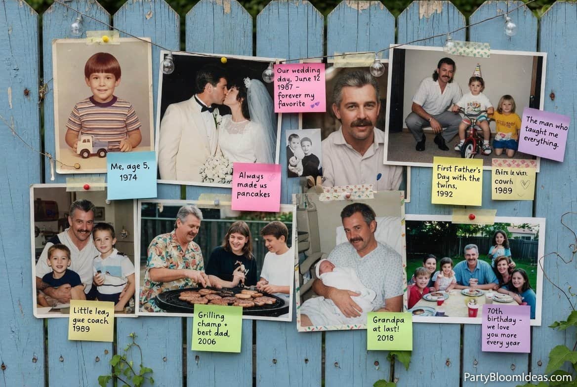 Display of old family photos on wall showing dad’s life memories and family moments