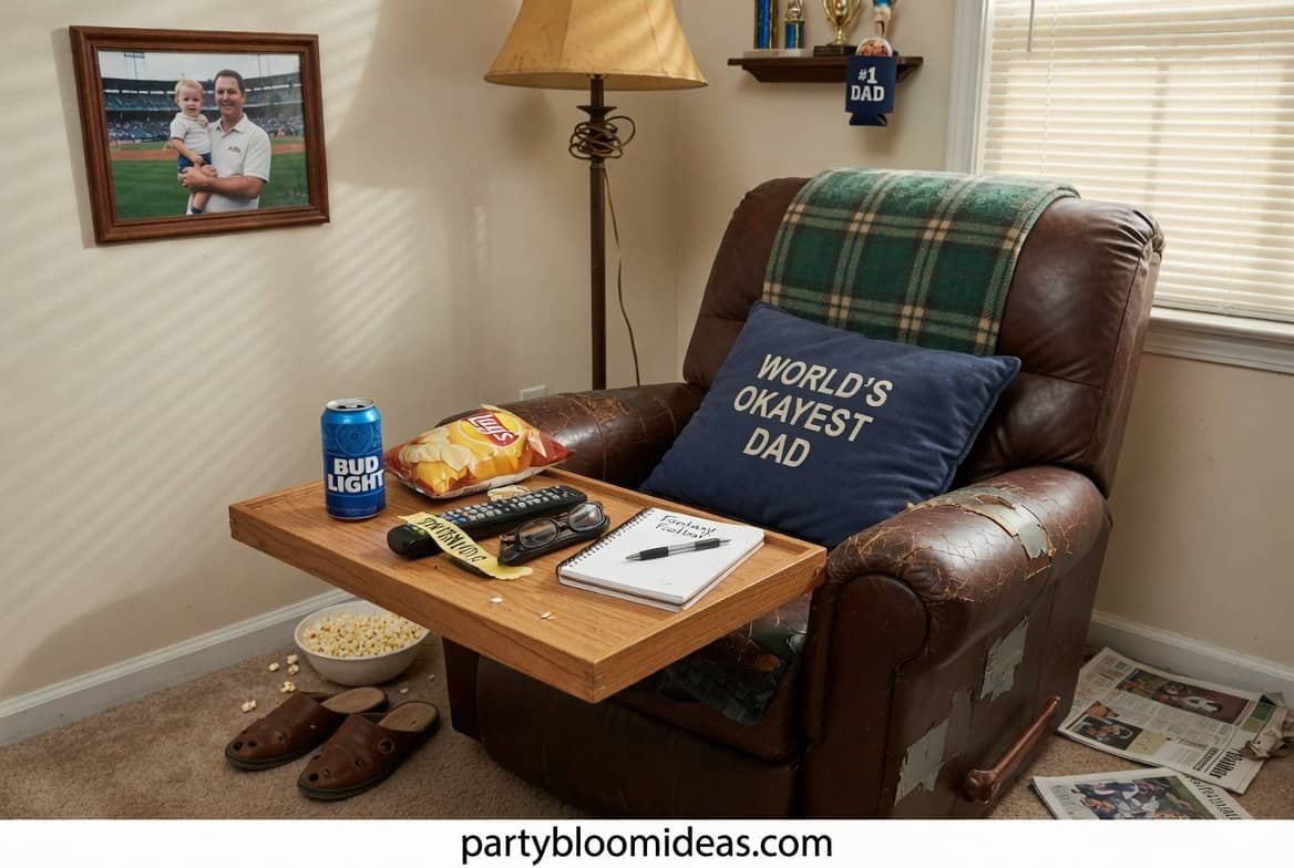 Comfortable outdoor chair labeled for dad with drinks nearby in a backyard setting