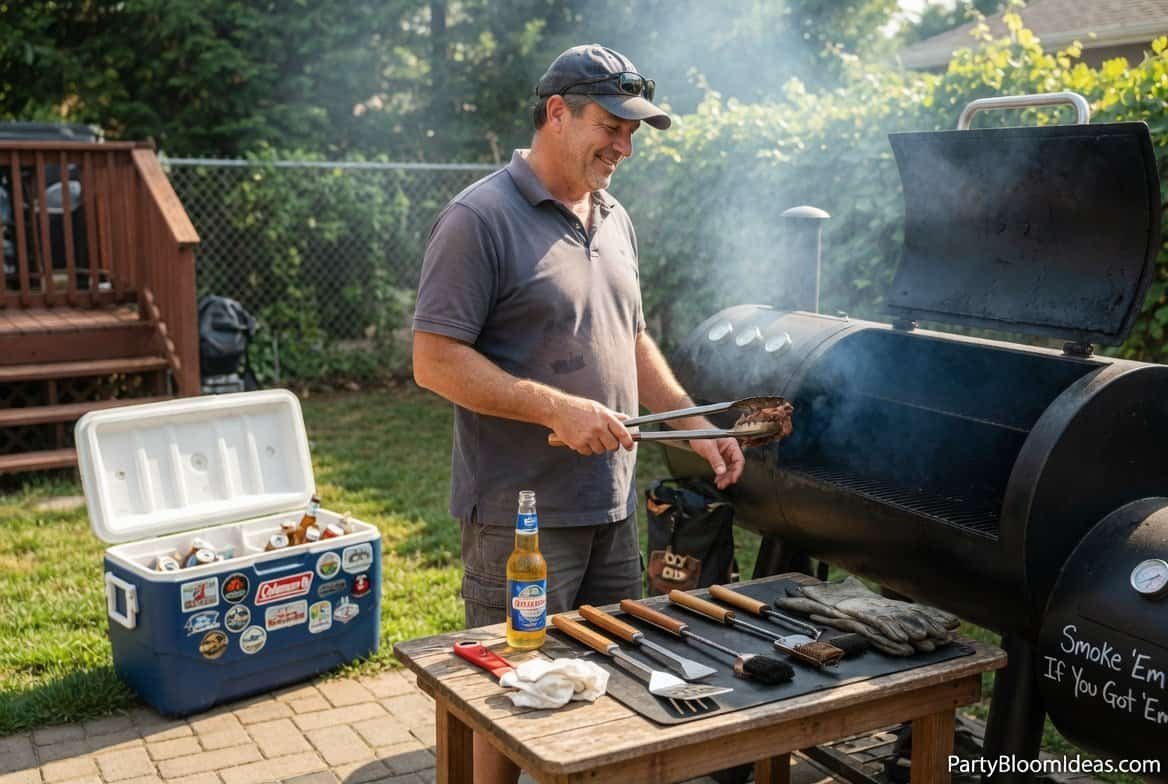 Father grilling meat on BBQ with tools and drinks beside him in backyard