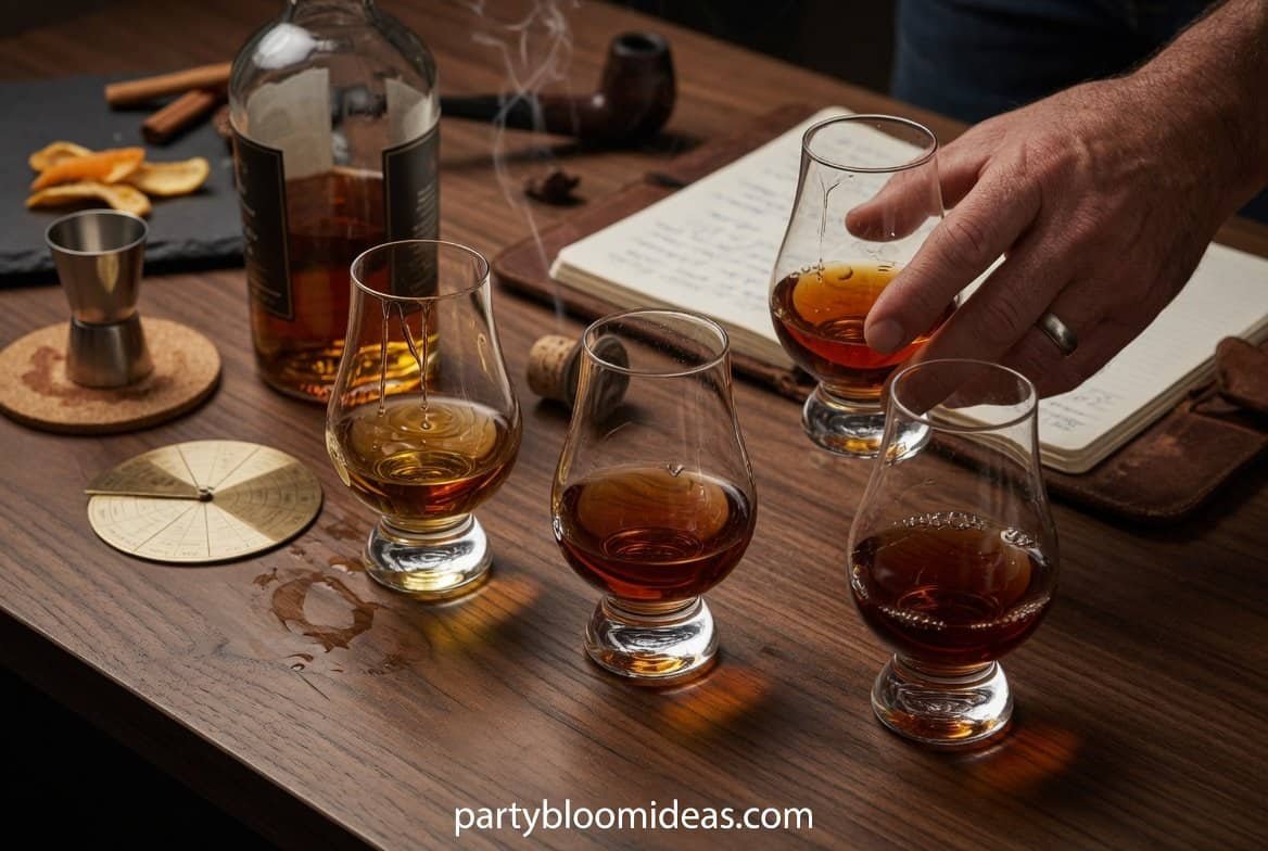 Whiskey tasting setup with multiple glasses and bottles arranged for Father’s Day celebration