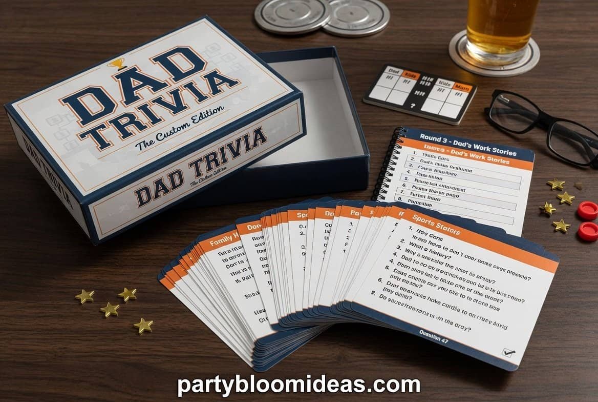 Family playing trivia game with questions about dad during Father’s Day gathering
