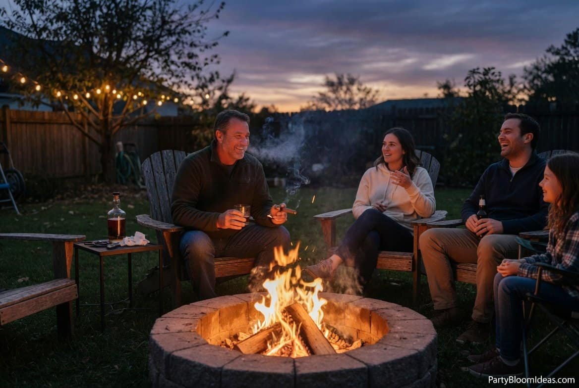 Father relaxing by fire pit at night with drink in hand surrounded by family