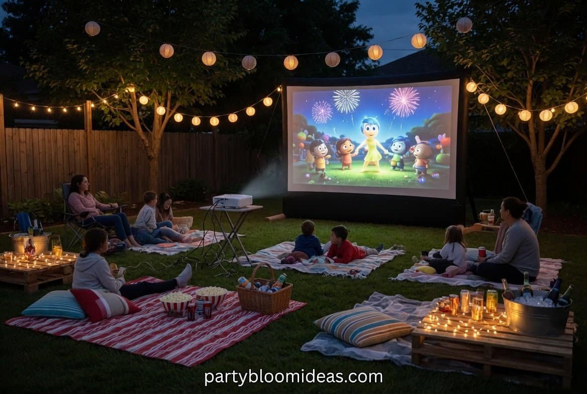 Backyard movie setup with projector screen and family watching film under the stars