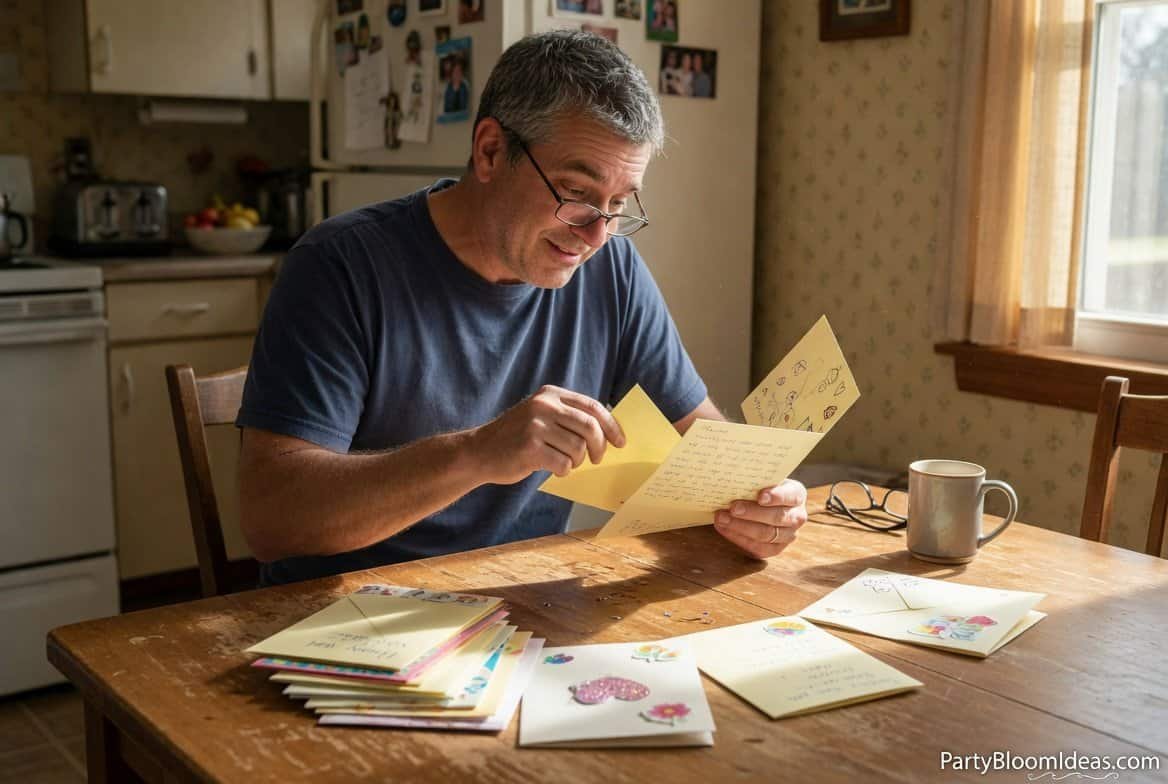Dad reading heartfelt greeting cards at table with emotional expression