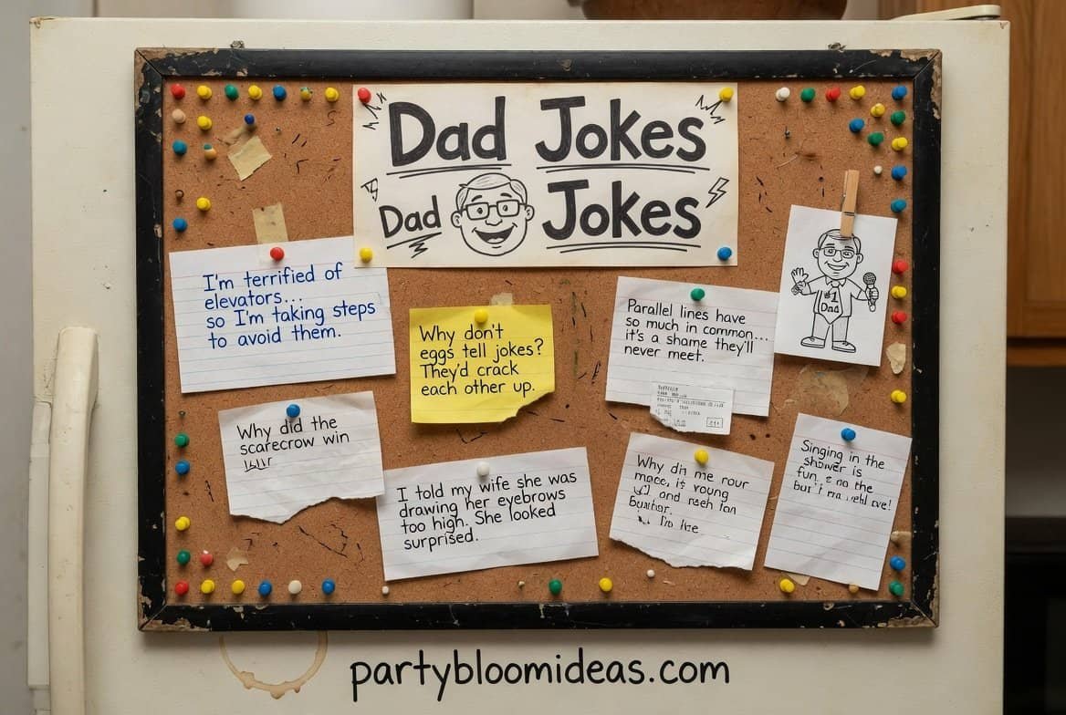 Chalkboard filled with funny dad jokes at a backyard party