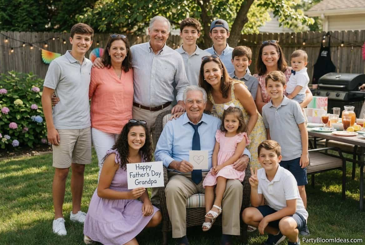 Multigenerational family posing together for Father’s Day photo with dad in center