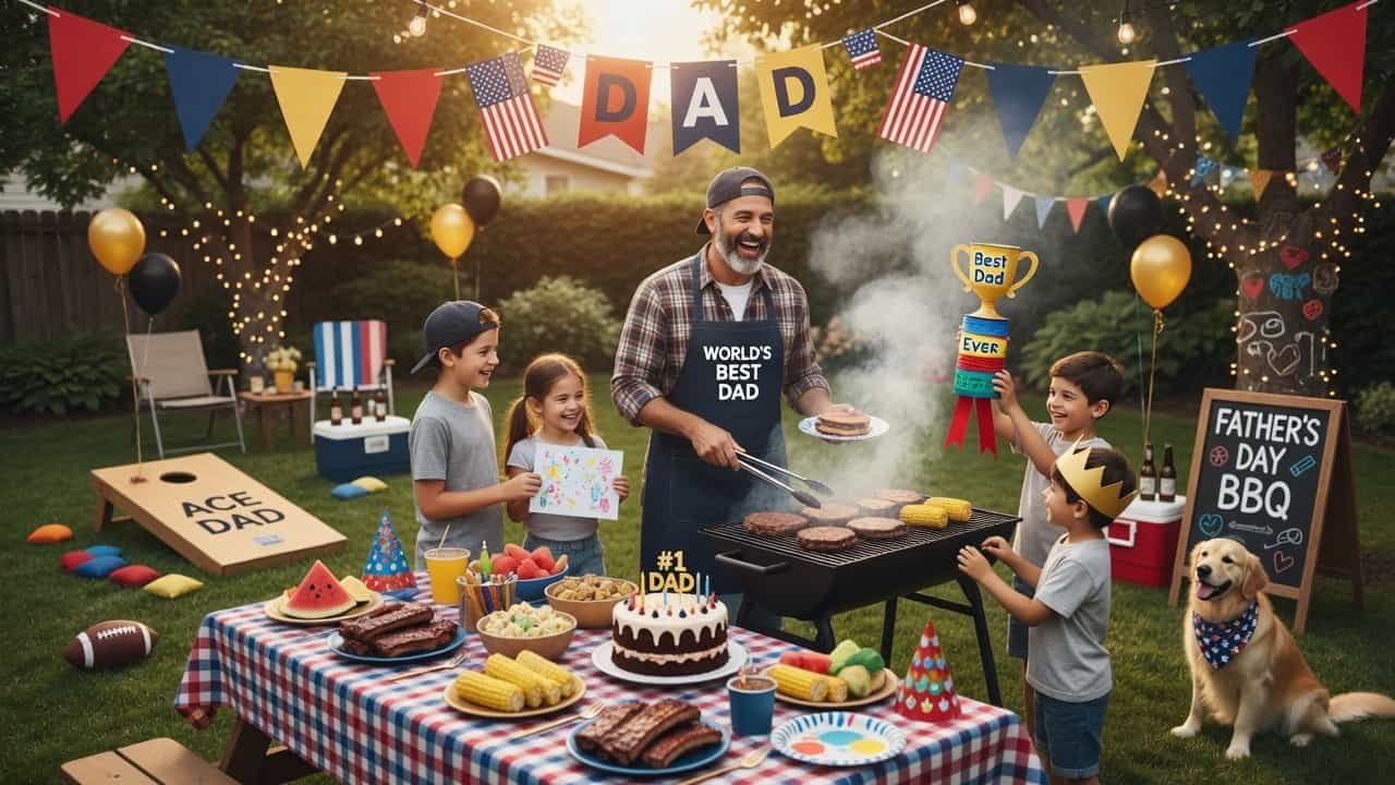 Family celebrating Father's Day with a backyard BBQ and decorations.