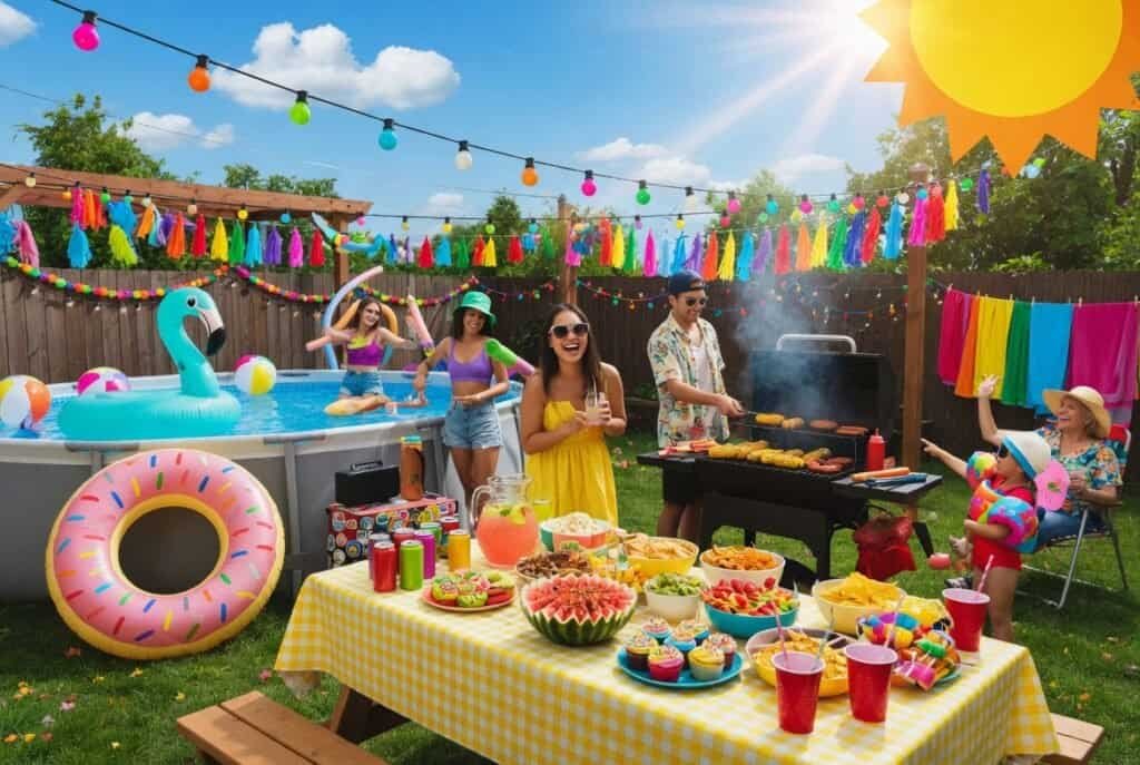 Colorful summer backyard party with friends, pool, and festive decorations for a fun outdoor gatheri.