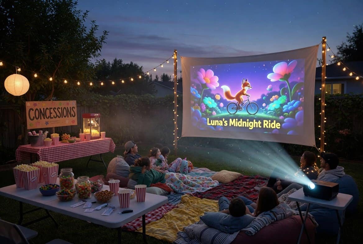 Outdoor movie screening with cozy seating and snacks for a backyard summer party.
