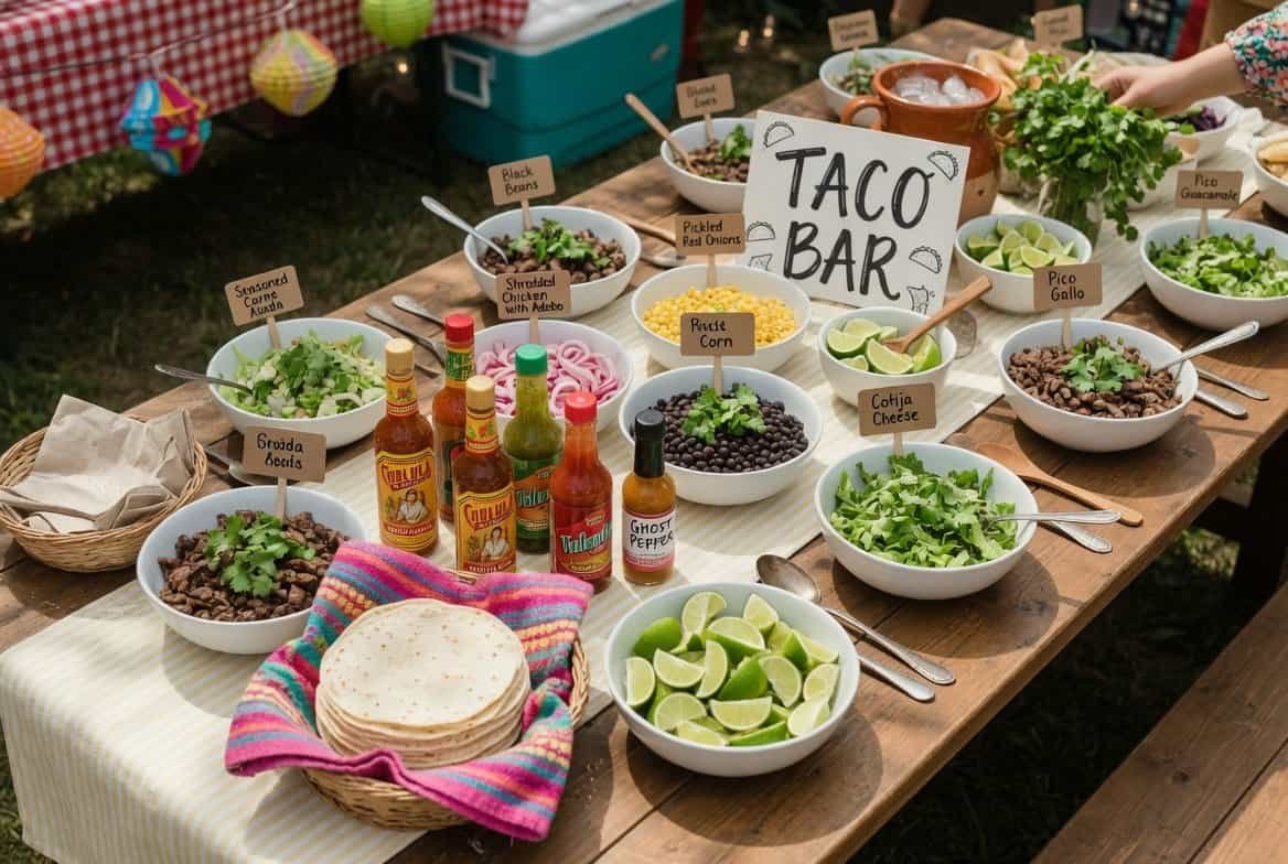 Colorful taco bar with fresh ingredients and condiments for outdoor summer celebration.