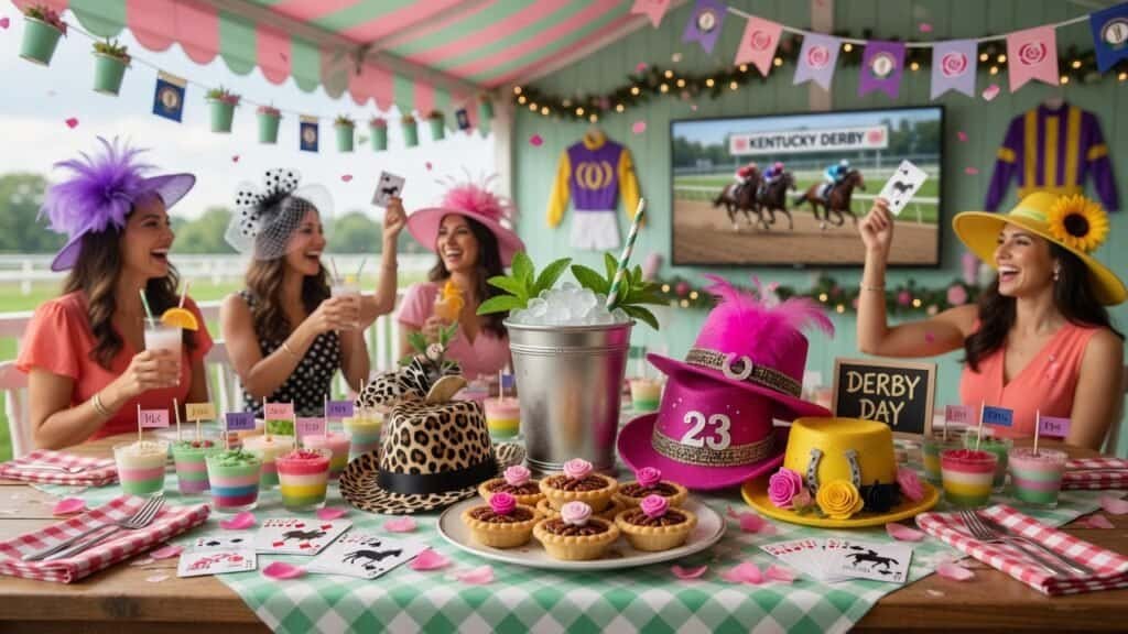Women celebrating Derby Day with hats and drinks at a decorated party tent.
